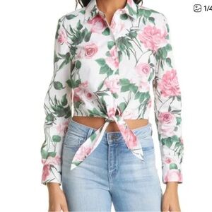 L'Agence Gaia Tie-Front Floral Print Long Sleeve Crop Top